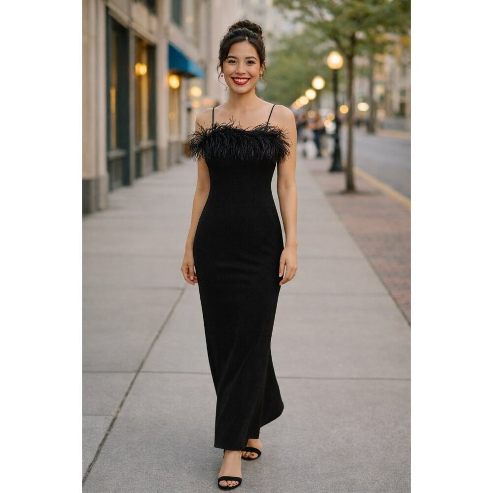 Alex Evenings Spaghetti Strap Feather Trim Evening Gown Womens 6P Black - Picture 10 of 10